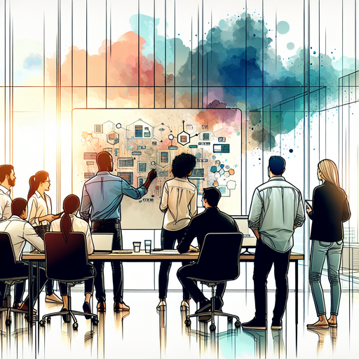 SaaS developers collaboratively whiteboarding an AI prototype architecture in an office