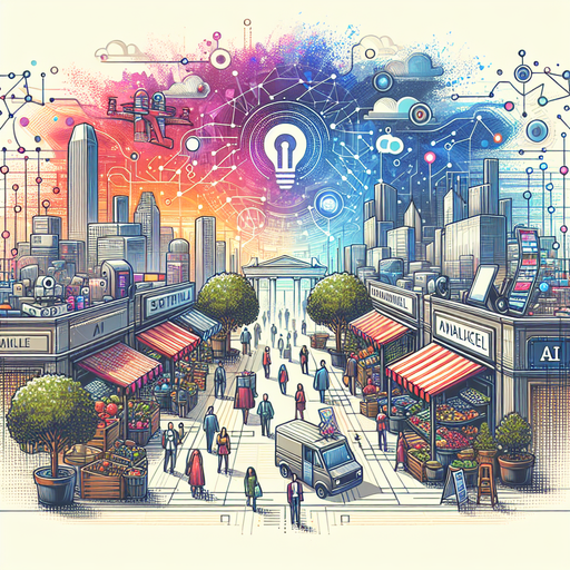 Visualize a bustling marketplace transformed by advanced technology, illustrating the impact of AI strategies on changing the competitive landscape.