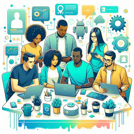 Visualize a diverse team of professionals in a SaaS startup brainstorming and strategizing with the aid of AI-driven decision tools, depicting collaboration and innovation.
