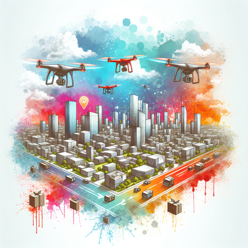 Visualize a futuristic cityscape with AI-powered drones delivering packages to SaaS startups.