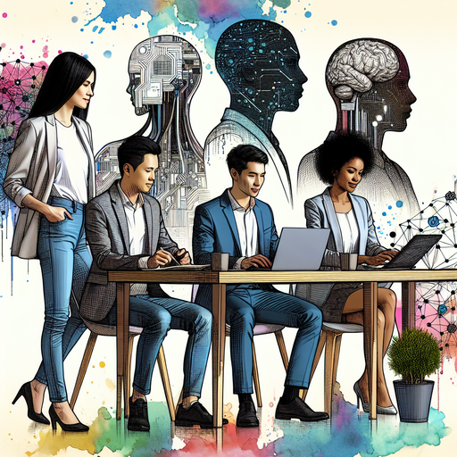 Visualize a group of diverse professionals collaborating on AI initiatives for a SaaS startup