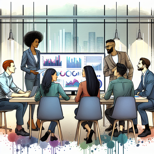 A group of business people in a meeting room looking at data analytics dashboards on a screen